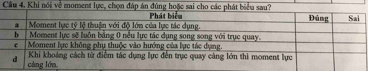 Khi nói về moment lực, chọn đá