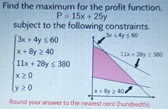 Solved: Find the maximum for the profit function, P=15x+25y subject to ...