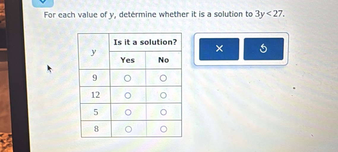 For each value of y, detérmine whether it is a solution to 3y<27</tex>. 
×