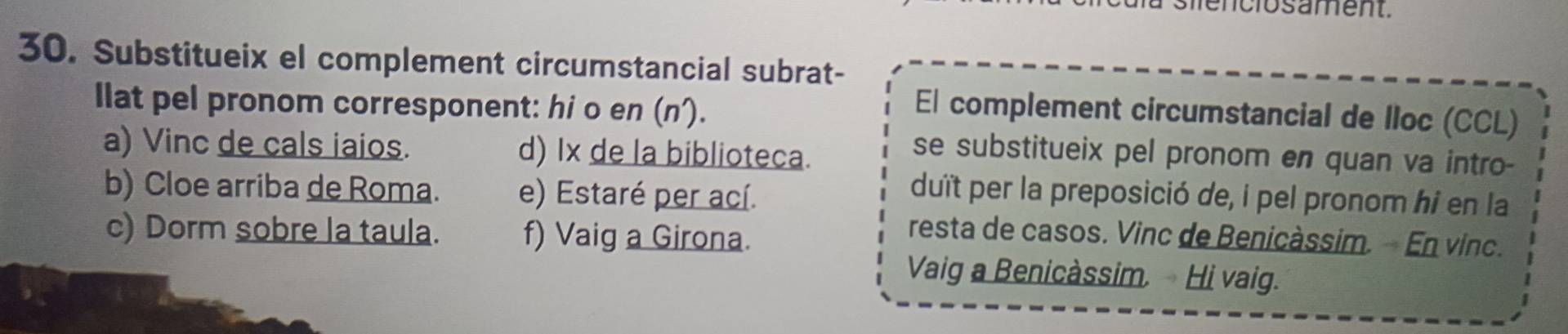 lenciosament.
30. Substitueix el complement circumstancial subrat-
llat pel pronom corresponent: hi o en (n').
El complement circumstancial de lloc (CCL)
a) Vinc de cals iaios. d) Ix de la biblioteca.
se substitueix pel pronom en quan va intro-
b) Cloe arriba de Roma. e) Estaré per ací.
duït per la preposició de, i pel pronom hi en la
c) Dorm sobre la taula. f) Vaig a Girona.
resta de casos. Vinc de Benicàssim. - En vinc.
Vaig a Benicàssim. Hi vaig.