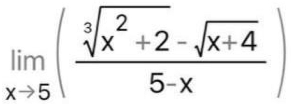 limlimits _xto 5( (sqrt[3](x^2+2)-sqrt(x+4))/5-x )