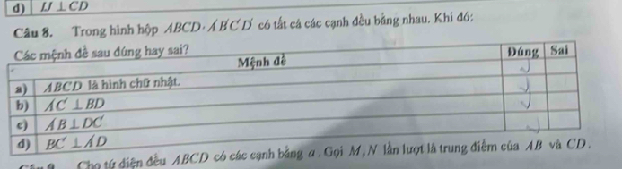 IJ⊥ CD
Câu 8. Trong hình hộp ABCD·Á B C D có tất cá các cạnh đều bằng nhau. Khi đó:
Cho tứ điện đều ABCD có các cạnh bằng