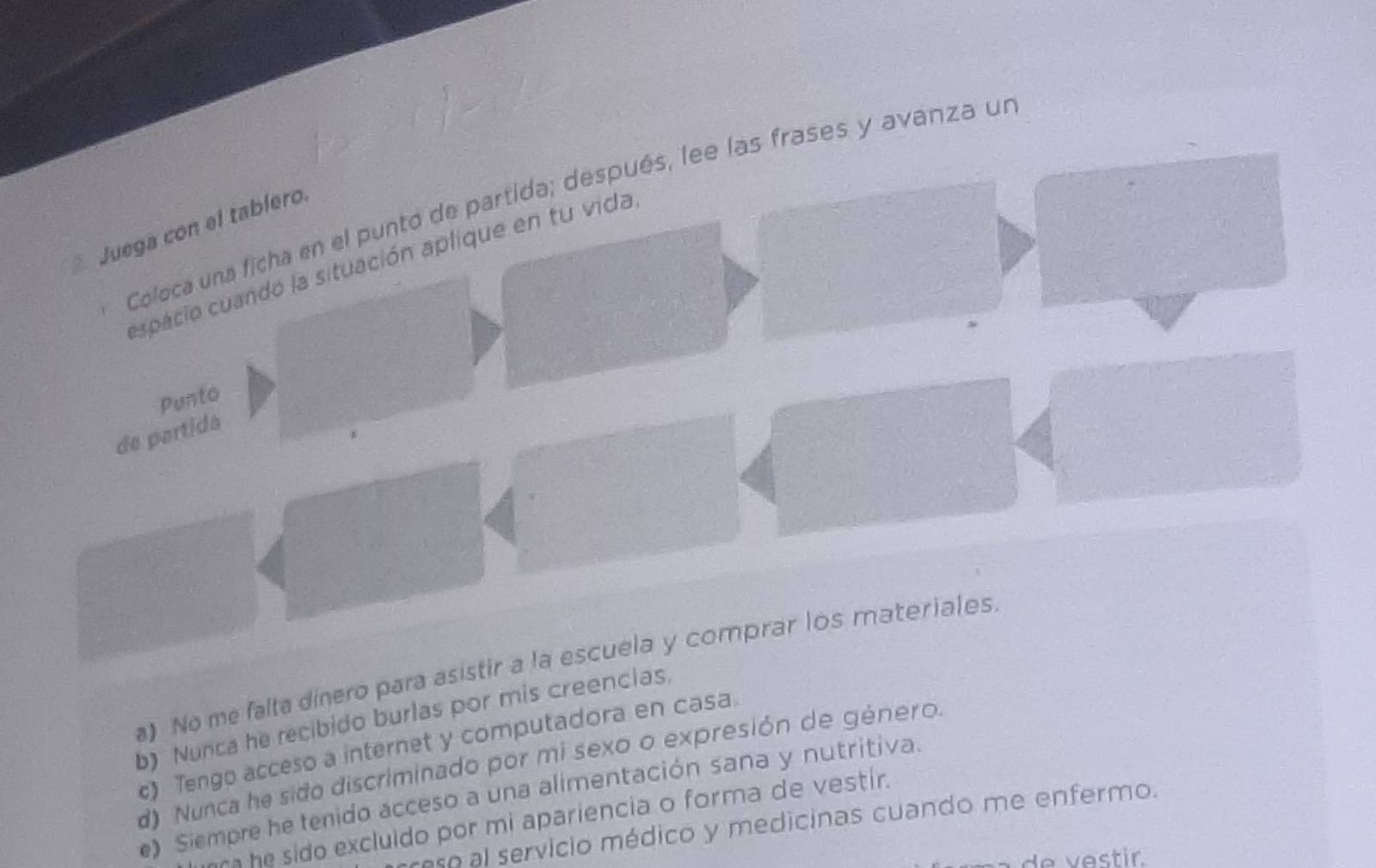 Coloca una ficha en el punto de partida; después, lee las frases y avanza un
Juega con el tablero.
espacio cuandó la situación aplique en tu vida
Punto
de partida
a) No me falta dinero para asistir a la escuela y comprar los materiales
b) Nunca he recibido burlas por mis creencias
c) Tengo acceso a internet y computadora en casa
d) Nunca he sido discriminado por mi sexo o expresión de género.
e) Siempre he tenido acceso a una alimentación sana y nutritiva.
e sido excluido por mi apariencia o forma de vestir.
sn al servicio médico y medicinas cuando me enfermo.
de vestir