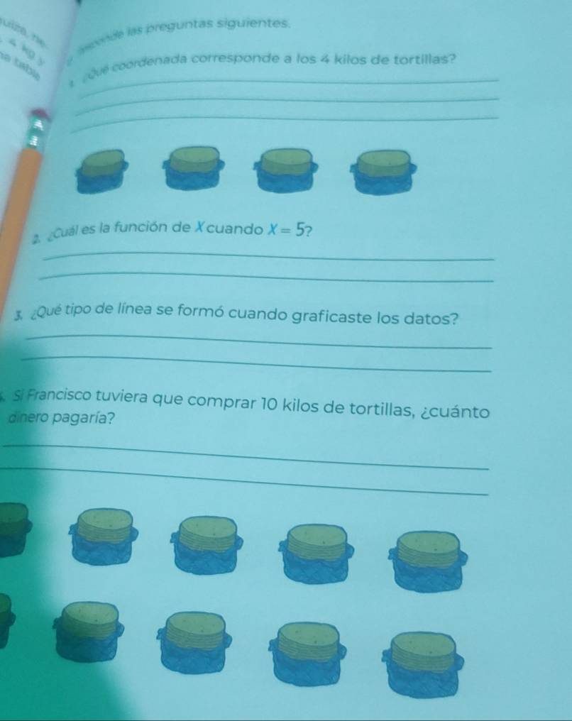 Luta, hệ 
a m de las preguntas siguientes. 
_ 
la tabu 
que coordenada corresponde a los 4 kilos de tortillas? 
_ 
_ 
_ 
2. Cual es la función de Xcuando X=5 ? 
_ 
_ 
¿Que tipo de línea se formó cuando graficaste los datos? 
_ 
Si Francisco tuviera que comprar 10 kilos de tortillas, ¿cuánto 
dinero pagaría? 
_ 
_