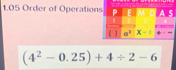 1.05 Order of Operation
(4^2-0.25)+4/ 2-6