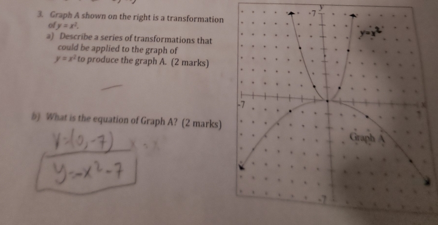 Graph A shown on the right is a transformation
ol y=x^2.
a) Describe a series of transformations that
could be applied to the graph of
y=x^2 to produce the graph A. (2 marks)
b) What is the equation of Graph A? (2 marks)