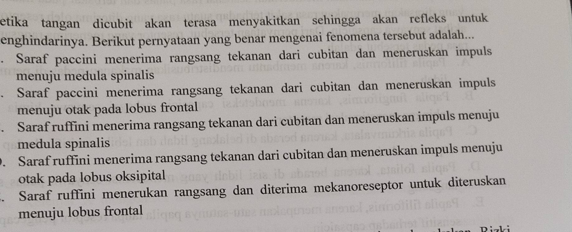 etika tangan dicubit akan terasa menyakitkan sehingga akan refleks untuk
enghindarinya. Berikut pernyataan yang benar mengenai fenomena tersebut adalah.... Saraf paccini menerima rangsang tekanan dari cubitan dan meneruskan impuls
menuju medula spinalis. Saraf paccini menerima rangsang tekanan dari cubitan dan meneruskan impuls
menuju otak pada lobus frontal. Saraf ruffini menerima rangsang tekanan dari cubitan dan meneruskan impuls menuju
medula spinalis
D. Saraf ruffini menerima rangsang tekanan dari cubitan dan meneruskan impuls menuju
otak pada lobus oksipital
3. Saraf ruffini menerukan rangsang dan diterima mekanoreseptor untuk diteruskan
menuju lobus frontal