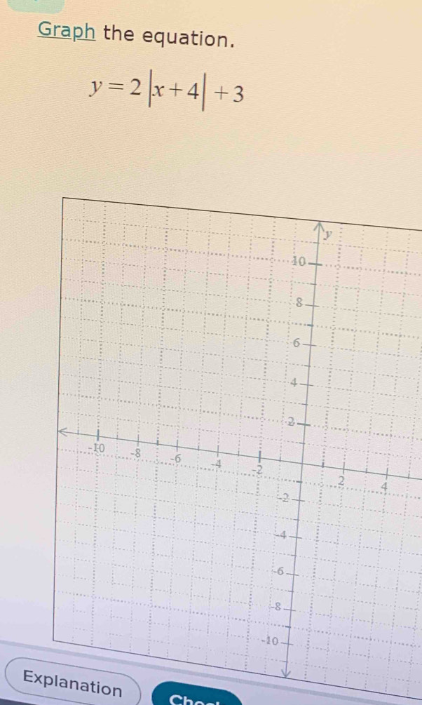 Graph the equation.
y=2|x+4|+3
Explanation