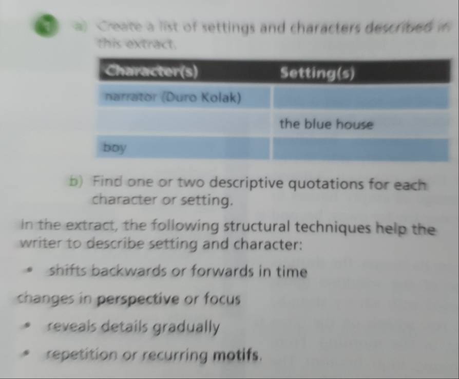 a Cheate a list of settings and characters described in 
this extract. 
b) Find one or two descriptive quotations for each 
character or setting. 
in the extract, the following structural techniques help the 
writer to describe setting and character: 
shifts backwards or forwards in time 
changes in perspective or focus 
reveals details gradually 
repetition or recurring motifs.