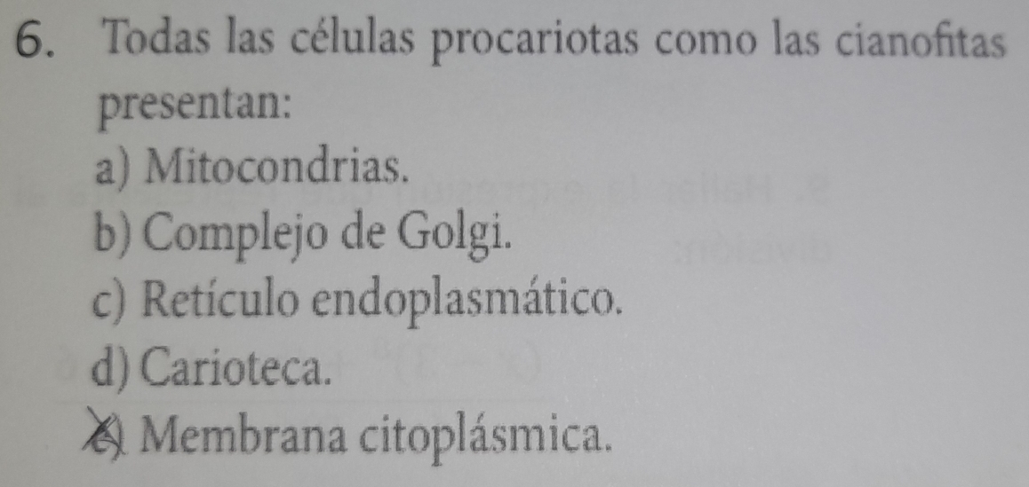 Todas las células procariotas como las cianofitas
presentan:
a) Mitocondrias.
b) Complejo de Golgi.
c) Retículo endoplasmático.
d) Carioteca.
Membrana citoplásmica.