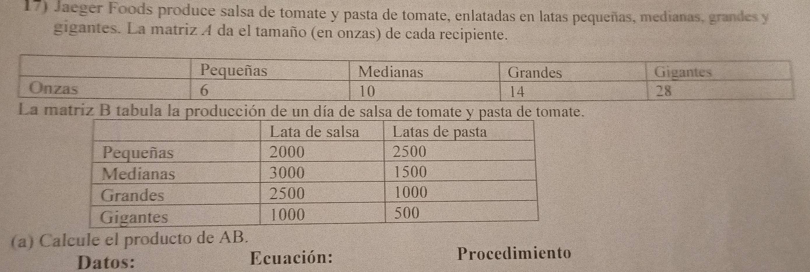 Jaeger Foods produce salsa de tomate y pasta de tomate, enlatadas en latas pequeñas, medianas, grandes y 
gigantes. La matriz A da el tamaño (en onzas) de cada recipiente. 
La matriz B tabula la producción de un día de salsa de tomate y pasta de tomate. 
(a) Calcule el producto de AB. 
Datos: Ecuación: 
Procedimiento