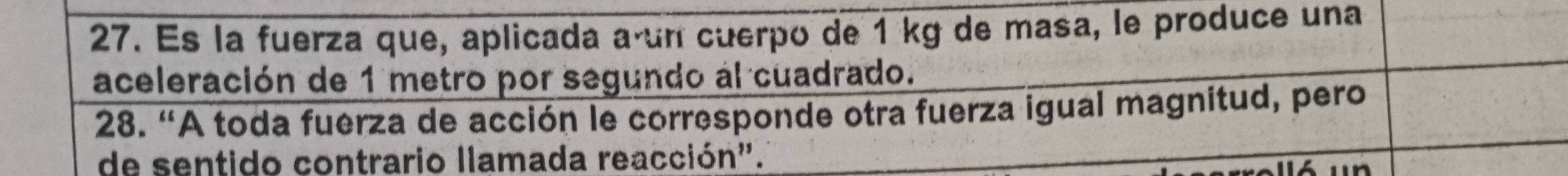 Es la fuerza que, aplicada aœun cuerpo de 1 kg de masa, le produce una 
aceleración de 1 metro por segundo al cuadrado. 
28. “A toda fuerza de acción le corresponde otra fuerza igual magnitud, pero 
de sentido contrario llamada reacción".