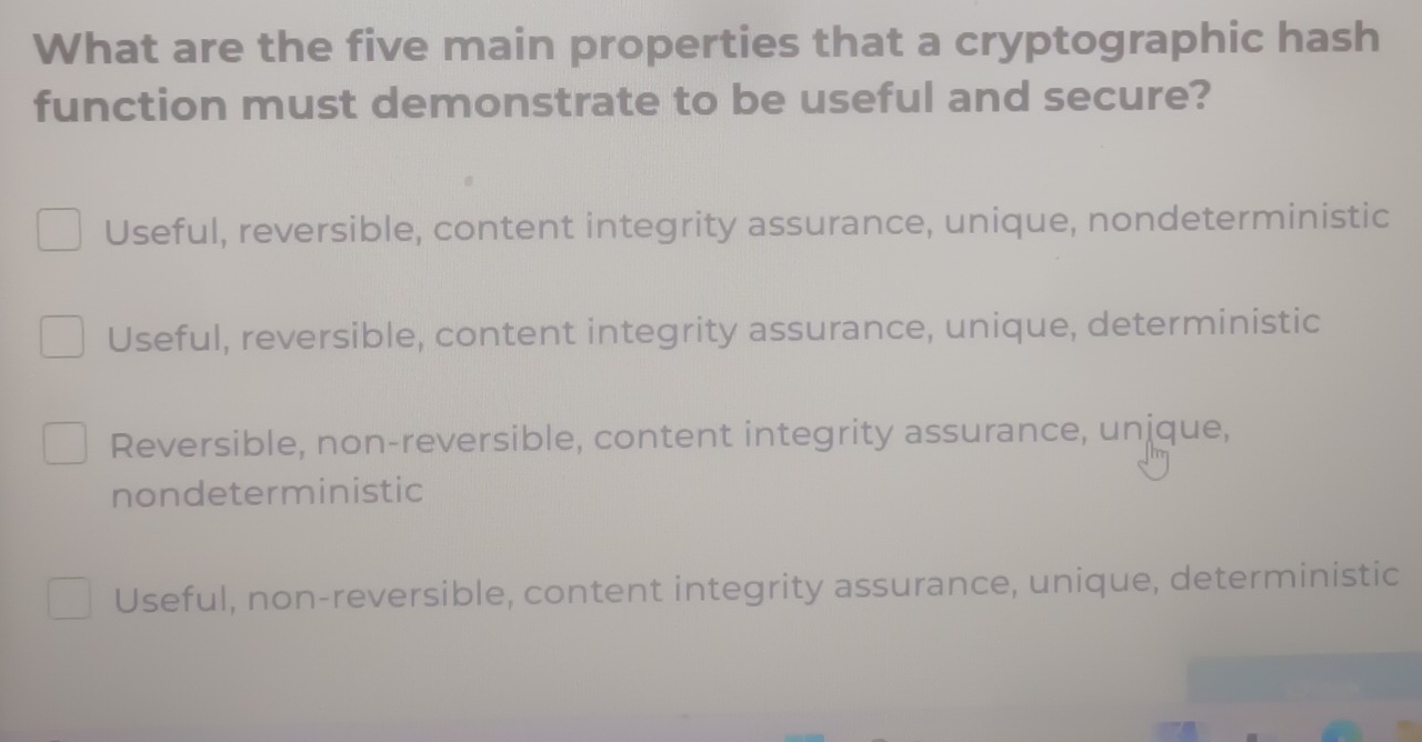 Solved: What are the five main properties that a cryptographic hash ...