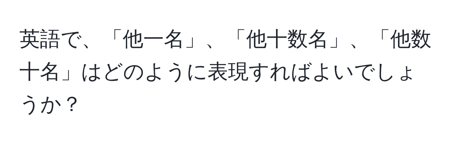 英語で、「他一名」、「他十数名」、「他数十名」はどのように表現すればよいでしょうか？