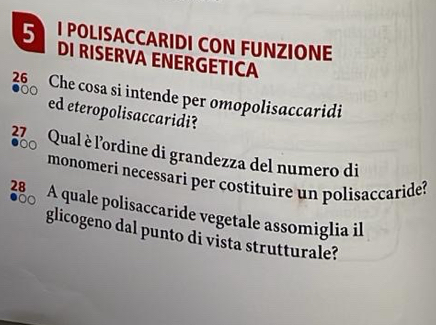 POLISACCARIDI CON FUNZIONE 
DI RISERVA ENERGETICA
25 Che cosa si intende per omopolisaccaridi 
ed eteropolisaccaridi? 
37 Qual è l'ordine di grandezza del numero di 
monomeri necessari per costituire un polisaccaride? 
28 A quale polisaccaride vegetale assomiglia il 
glicogeno dal punto di vista strutturale?