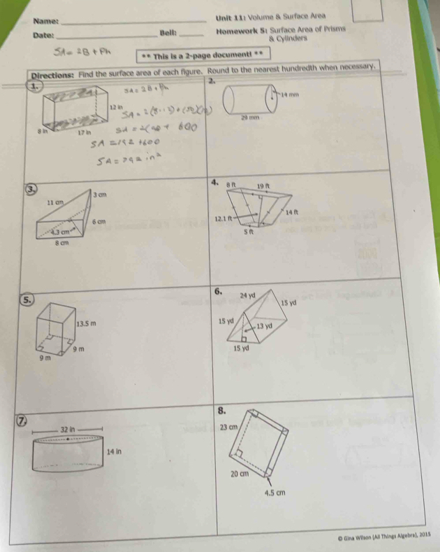 Solved: Name: _ Unit 11: Volume & Surface Area Date: _Bell:_ Homework 5 ...
