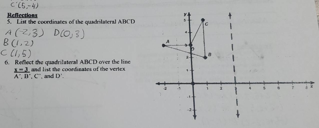 Reflections 
5. List the coordinates of the quadrilateral ABCD
6. Reflect the quadrilateral ABCD over the line 
list the coordinates of the vertex
 x=3/A',B',C'  、and D'.