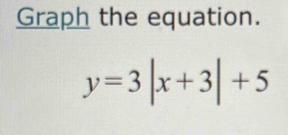 Graph the equation.
y=3|x+3|+5