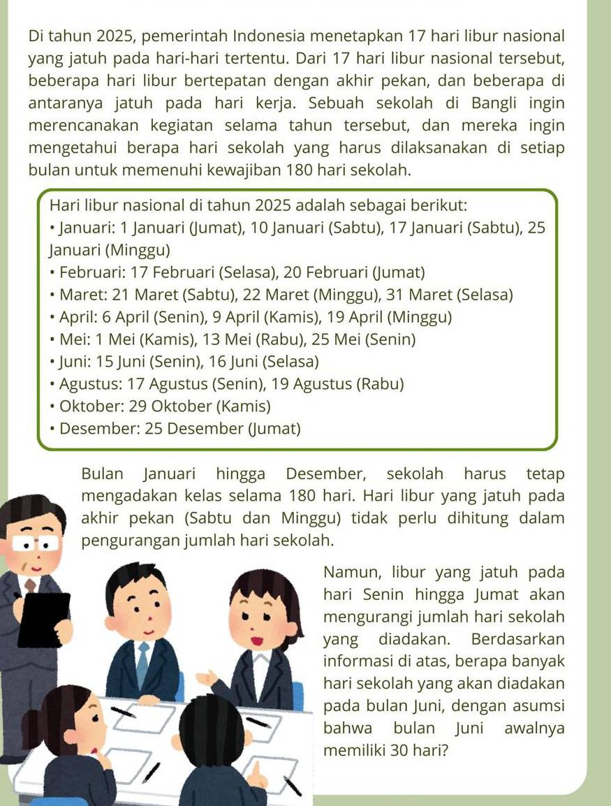 Di tahun 2025, pemerintah Indonesia menetapkan 17 hari libur nasional
yang jatuh pada hari-hari tertentu. Dari 17 hari libur nasional tersebut,
beberapa hari libur bertepatan dengan akhir pekan, dan beberapa di
antaranya jatuh pada hari kerja. Sebuah sekolah di Bangli ingin
merencanakan kegiatan selama tahun tersebut, dan mereka ingin
mengetahui berapa hari sekolah yang harus dilaksanakan di setiap
bulan untuk memenuhi kewajiban 180 hari sekolah.
Hari libur nasional di tahun 2025 adalah sebagai berikut:
Januari: 1 Januari (Jumat), 10 Januari (Sabtu), 17 Januari (Sabtu), 25
Januari (Minggu)
Februari: 17 Februari (Selasa), 20 Februari (Jumat)
Maret: 21 Maret (Sabtu), 22 Maret (Minggu), 31 Maret (Selasa)
April: 6 April (Senin), 9 April (Kamis), 19 April (Minggu)
Mei: 1 Mei (Kamis), 13 Mei (Rabu), 25 Mei (Senin)
Juni: 15 Juni (Senin), 16 Juni (Selasa)
Agustus: 17 Agustus (Senin), 19 Agustus (Rabu)
Oktober: 29 Oktober (Kamis)
Desember: 25 Desember (Jumat)
Bulan Januari hingga Desember, sekolah harus tetap
mengadakan kelas selama 180 hari. Hari libur yang jatuh pada
akhir pekan (Sabtu dan Minggu) tidak perlu dihitung dalam
pengurangan jumlah hari sekolah.
mun, libur yang jatuh pada
ri Senin hingga Jumat akan
ngurangi jumlah hari sekolah
ng diadakan. Berdasarkan
ormasi di atas, berapa banyak
ri sekolah yang akan diadakan
da bulan Juni, dengan asumsi
hwa bulan Juni awalnya
miliki 30 hari?