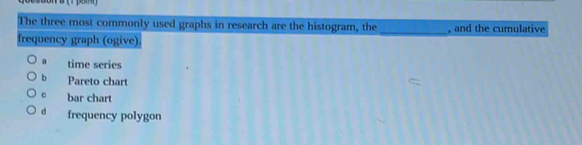 The three most commonly used graphs in research are the histogram, the _, and the cumulative
frequency graph (ogive).
a time series
b Pareto chart
c bar chart
d frequency polygon