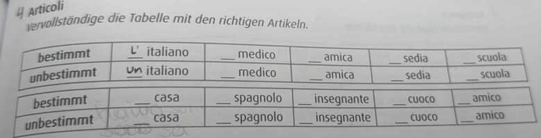 Articoli 
vervollständige die Tabelle mit den richtigen Artikeln.