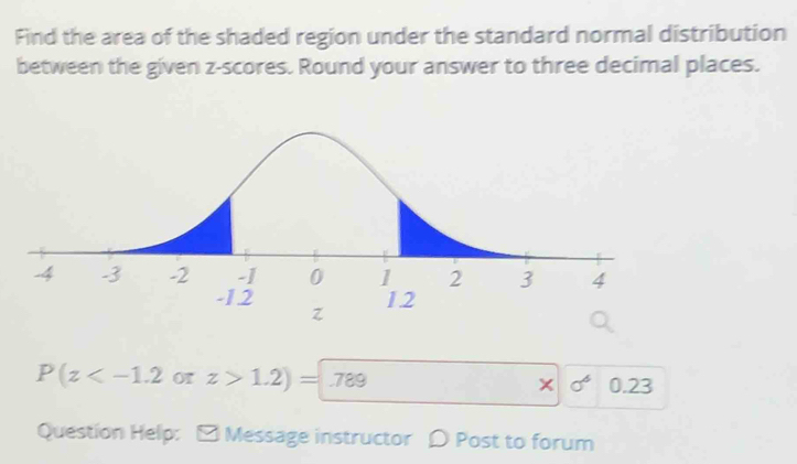 Find the area of the shaded region under the standard normal distribution 
between the given z-scores. Round your answer to three decimal places.
P(z or z>1.2)=.789 0.23
sigma^2
Question Help: □ Message instructor D Post to forum