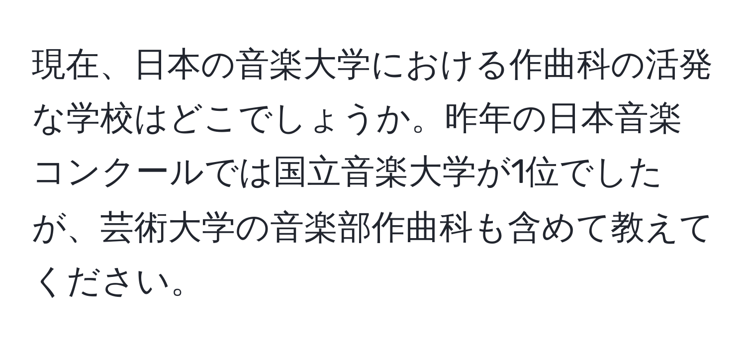 現在、日本の音楽大学における作曲科の活発な学校はどこでしょうか。昨年の日本音楽コンクールでは国立音楽大学が1位でしたが、芸術大学の音楽部作曲科も含めて教えてください。