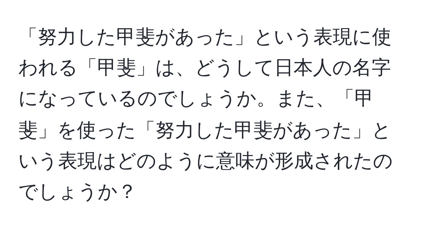 「努力した甲斐があった」という表現に使われる「甲斐」は、どうして日本人の名字になっているのでしょうか。また、「甲斐」を使った「努力した甲斐があった」という表現はどのように意味が形成されたのでしょうか？