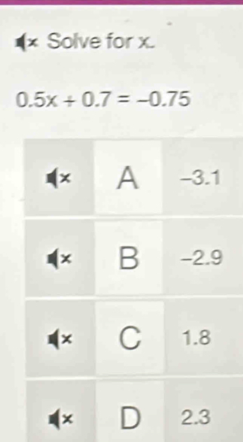 Solve for x.
0.5x+0.7=-0.75