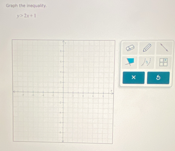 Graph the inequality.
y>2x+1
×