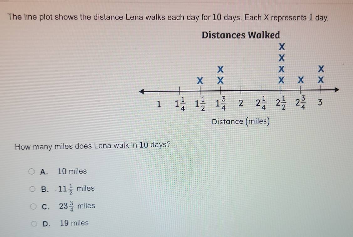 The line plot shows the distance Lena walks each day for 10 days. Each X represents 1 day.
Distance (miles)
How many miles does Lena walk in 10 days?
A. 10 miles
B. 11 1/2 miles
C. 23 3/4 miles
D. 19 miles