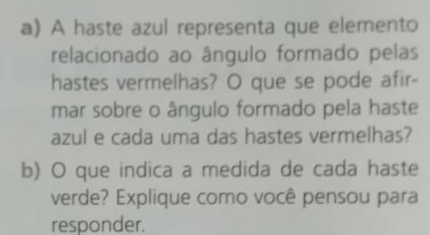 A haste azul representa que elemento 
relacionado ao ângulo formado pelas 
hastes vermelhas? O que se pode afir- 
mar sobre o ângulo formado pela haste 
azul e cada uma das hastes vermelhas? 
b) O que indica a medida de cada haste 
verde? Explique como você pensou para 
responder.