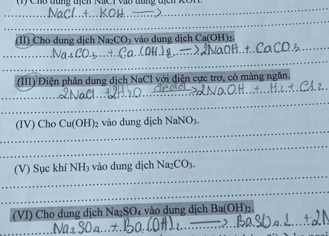 (1) Cho đung địcn NáCi vào đung địcn RCn 
(II) Cho dung dịch Na_2CO_3 vào dung dịch Ca(OH)_2. 
(III) Điện phân dung dịch NaCl với điện cực trơ, có màng ngăn. 
(IV) Cho Cu(OH)_2 vào dung dịch NaNO_3. 
(V) Sục khí NH_3 vào dung dịch Na_2CO_3. 
(VI) Cho dung dịch Na_2SO_4 vào dung dịch Ba(OH)_2.
Na_2SO