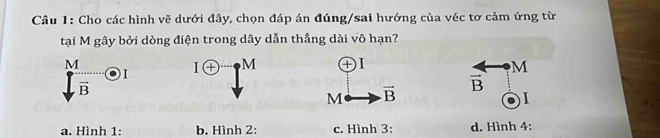 Cho các hình vẽ dưới đây, chọn đáp án đúng/sai hướng của véc tơ cảm ứng từ
tại M gây bởi dòng điện trong dây dẫn thẳng dài vô hạn?
M
I Ioplus M M
vector B
vector B
I
a. Hình 1: b. Hình 2: c. Hình 3: d. Hình 4: