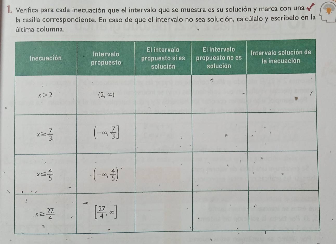 Verifica para cada inecuación que el intervalo que se muestra es su solución y marca con una
la casilla correspondiente. En caso de que el intervalo no sea solución, calcúlalo y escríbelo en la
última columna.