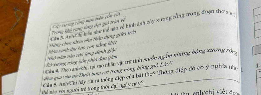 Cây xương rồng mọc trên cồn cát 
Cầu 3. Anh/Chị hiểu như thế nào về hình ảnh cây xương rồng trong đoạn thơ sauy 
Trong khô rang từng đợt gió tràn về 
Đứng chen nhau như tháp dựng giữa trời 
Màu xanh địu bao cơn nắng khét 
Nhỏ năm nào rào làng đánh giặc 
Bờ xương rồng bốn phía đạn găm 
Cầu 4. Theo anh/chị, tại sao nhân vật trữ tình muốn ngắm những bông xương rồng 
đêm qua vừa nờ/Dưới bom rơi trong nóng bỏng gió Lào? 
L 
Câu 5. Anh/Chị hãy rút ra thông điệp của bài thơ? Thông điệp đó có ý nghĩa như [. 
thể nào với người trẻ trong thời đại ngày nay? 
thợ nh/chị viết đ