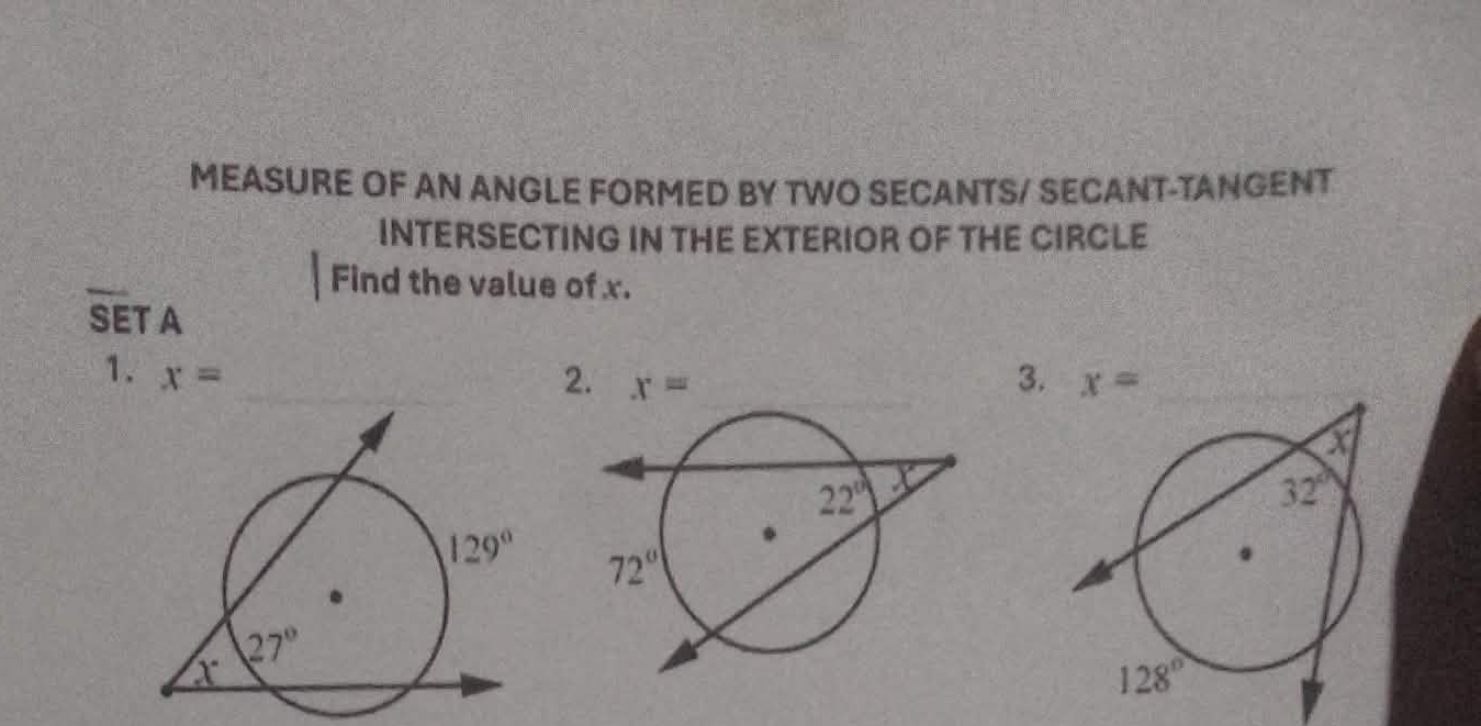 Solved: MEASURE OF AN ANGLE FORMED BY TWO SECANTS/ SECANT-TANGENT ...