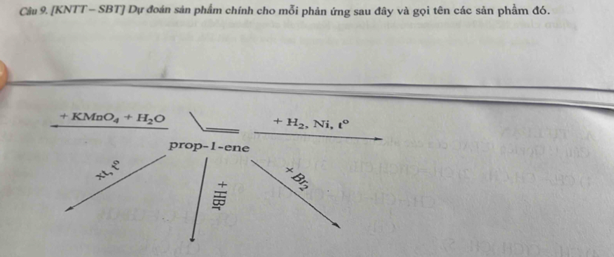 [KNTT - SBT] Dự đoán sản phẩm chính cho mỗi phản ứng sau đây và gọi tên các sản phẩm đó.
+KMnO_4+H_2O
_ +H_2,Ni,t^o
prop-1 -ene 
2 
downarrow 
+ Brị