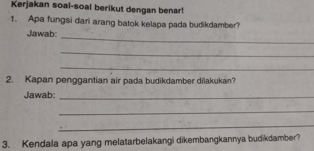 Kerjakan soal-soal berikut dengan benar! 
1. Apa fungsi dari arang batok kelapa pada budikdamber? 
_ 
Jawab: 
_ 
_ 
2. Kapan penggantian air pada budikdamber dilakukan? 
Jawab:_ 
_ 
_ 
3. Kendala apa yang melatarbelakangi dikembangkannya budikdamber?