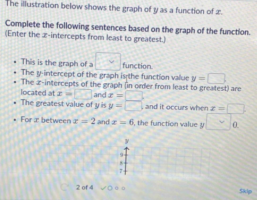 The illustration below shows the graph of y as a function of x. 
Complete the following sentences based on the graph of the function. 
(Enter the x-intercepts from least to greatest.) 
This is the graph of a □ function. 
The y-intercept of the graph is the function value y=□. 
The x-intercepts of the graph (in order from least to greatest) are 
located at x=□ and x=□. 
The greatest value of y is y=□. and it occurs when x=□. 
For x between x=2 and x=6 , the function value y □ 0.
Y
9
8
7
2 of 4 Skip