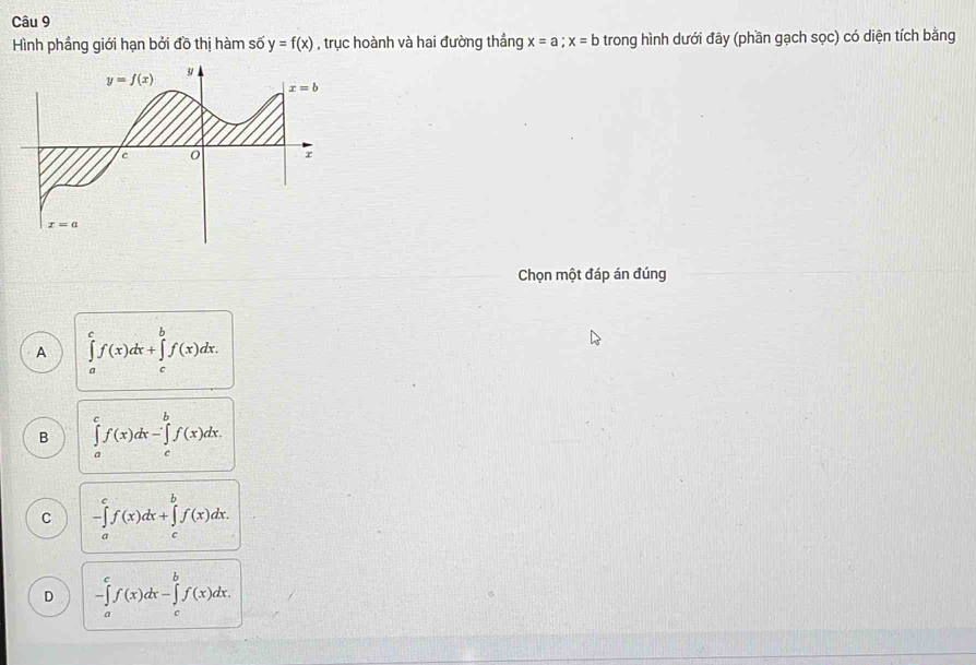 Hình phầng giới hạn bởi đồ thị hàm số y=f(x) , trục hoành và hai đường thắng x=a;x=b trong hình dưới đây (phần gạch sọc) có diện tích bằng
Chọn một đáp án đúng
A ∈tlimits _a^cf(x)dx+∈tlimits _c^bf(x)dx.
B ∈tlimits _a^cf(x)dx-∈tlimits _c^bf(x)dx.
C -∈tlimits _a^cf(x)dx+∈tlimits _c^bf(x)dx.
D -∈tlimits _a^cf(x)dx-∈tlimits _c^bf(x)dx.