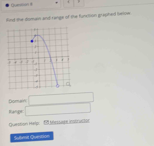 《
Find the domain and range of the function graphed below.
Domain: □
Range: □
Question Help: -Message instructor
Submit Question