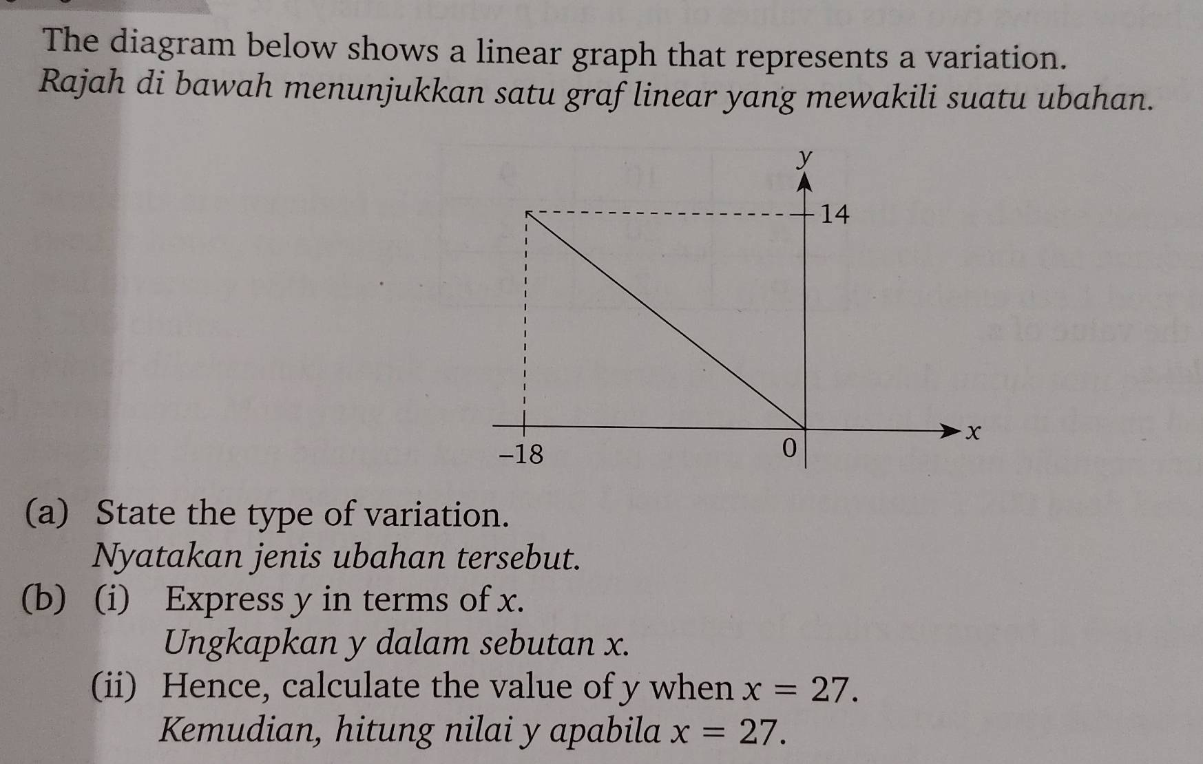 The diagram below shows a linear graph that represents a variation. 
Rajah di bawah menunjukkan satu graf linear yang mewakili suatu ubahan. 
(a) State the type of variation. 
Nyatakan jenis ubahan tersebut. 
(b) (i) Express y in terms of x. 
Ungkapkan y dalam sebutan x. 
(ii) Hence, calculate the value of y when x=27. 
Kemudian, hitung nilai y apabila x=27.