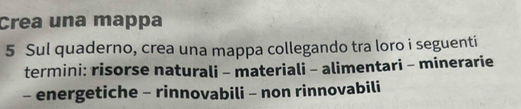 Crea una mappa 
5 Sul quaderno, crea una mappa collegando tra loro i seguenti 
termini: risorse naturali - materiali - alimentari - minerarie 
- energetiche - rinnovabili - non rinnovabili