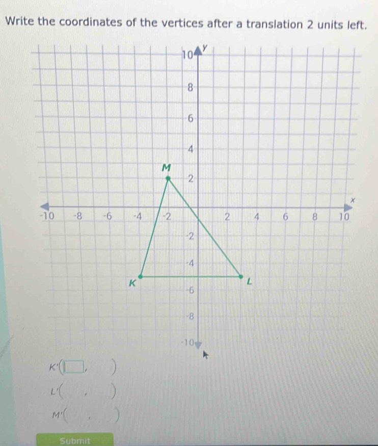 Write the coordinates of the vertices after a translation 2 units left.
K'(□ , 1:11
L'C,
M'(,)
Submit