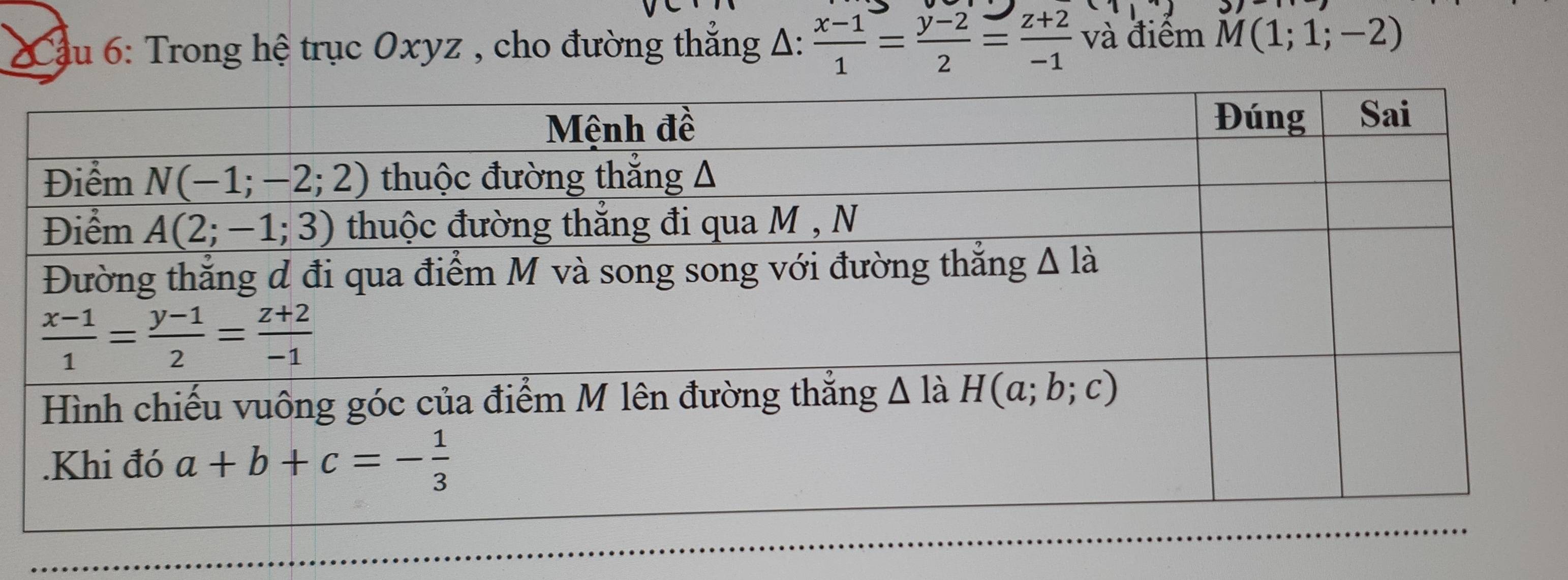 Cầu 6: Trong hệ trục Oxyz , cho đường thẳng Δ:  (x-1)/1 = (y-2)/2 = (z+2)/-1  và điểm M(1;1;-2)