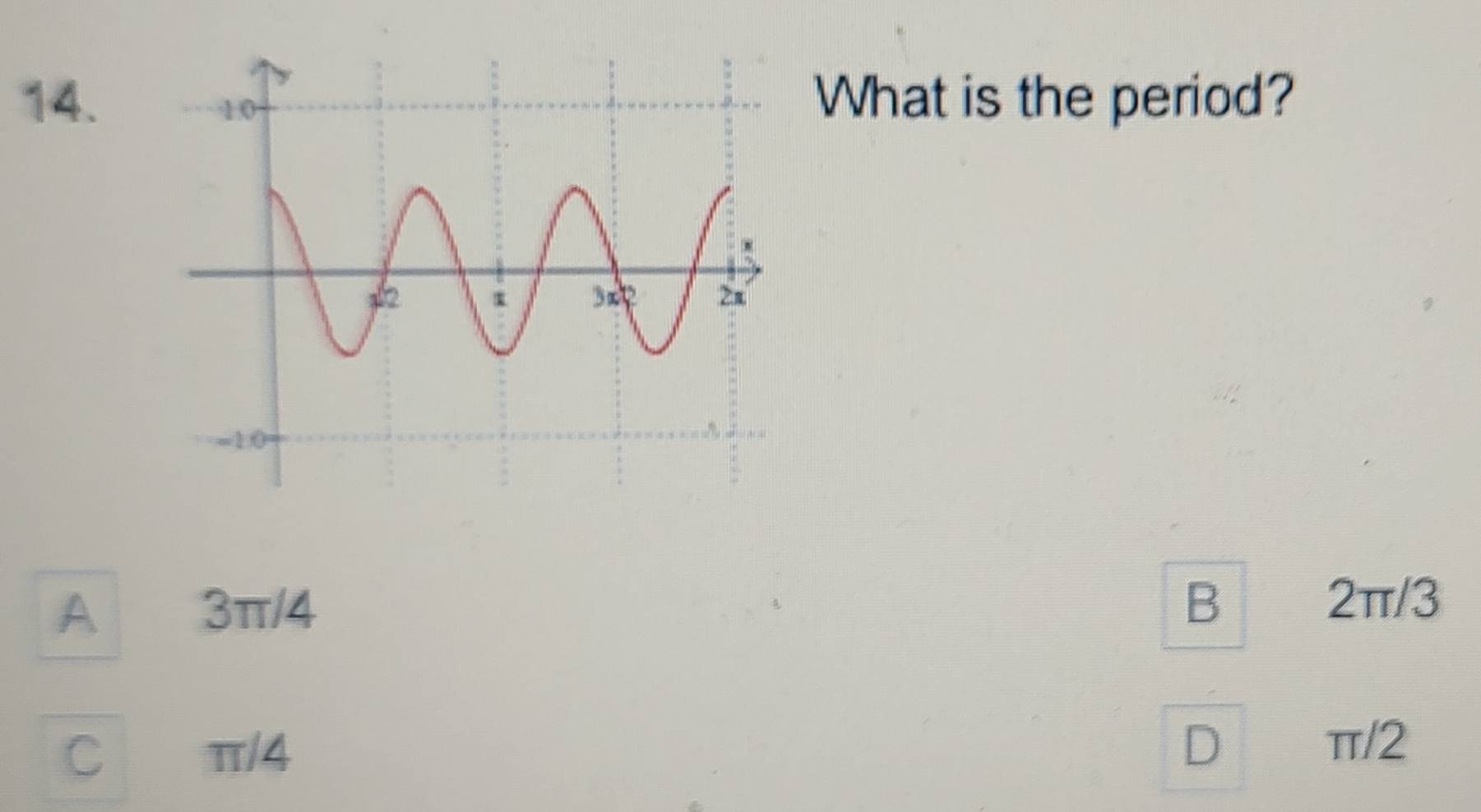 What is the period?
A 3π/4 B
2π/3
C π/4
D π/2