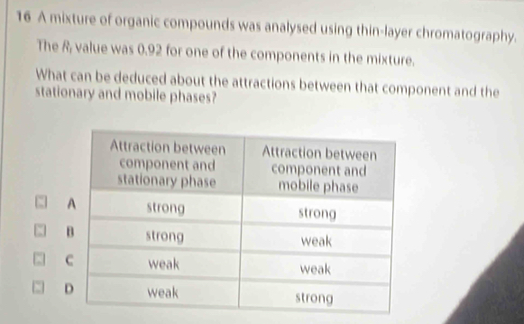 A mixture of organic compounds was analysed using thin-layer chromatography. 
The R value was 0.92 for one of the components in the mixture. 
What can be deduced about the attractions between that component and the 
stationary and mobile phases?