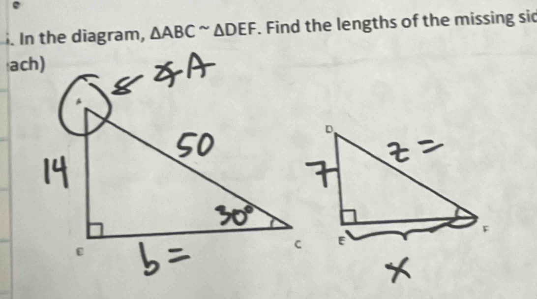 In the diagram, △ ABC^(sim)△ DEF. Find the lengths of the missing sic 
ach)