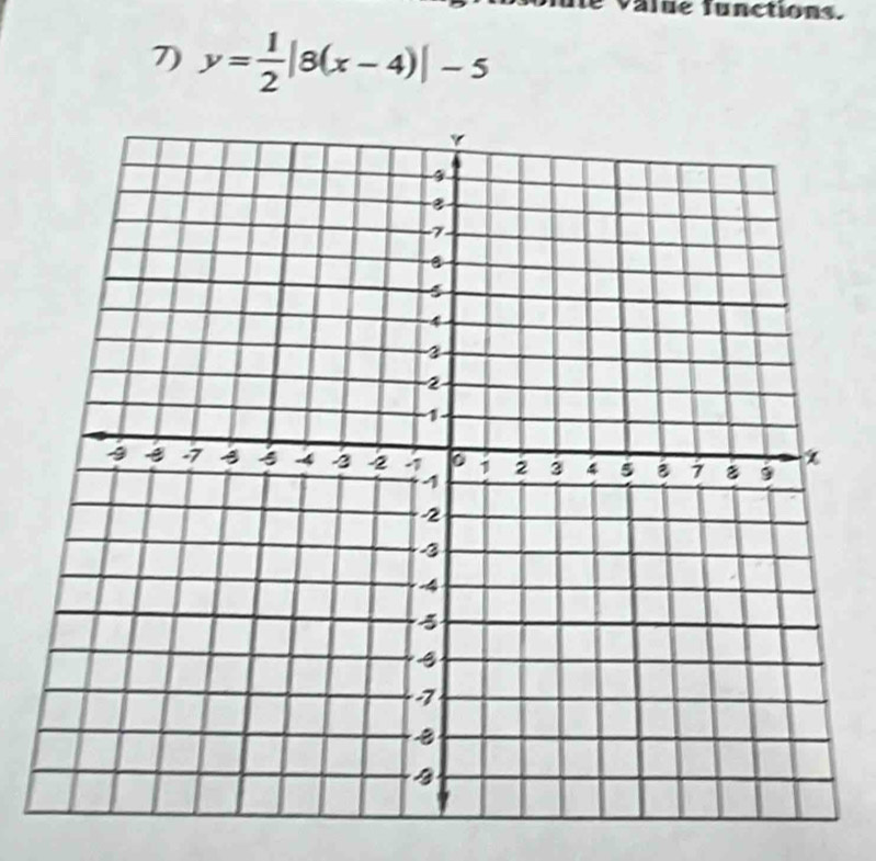 value functions. 
7) y= 1/2 |8(x-4)|-5